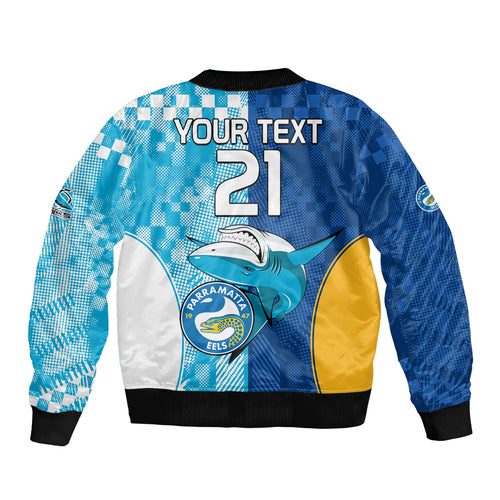 Custom NRL Shark Combine Eels Rugby Sleeve Zip Bomber Jacket Sporty Style LT9