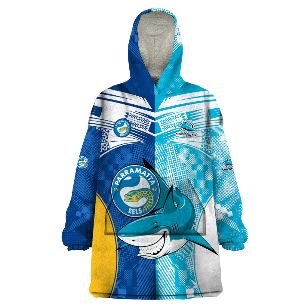 Custom NRL Shark Combine Eels Rugby Wearable Blanket Hoodie Sporty Style LT9