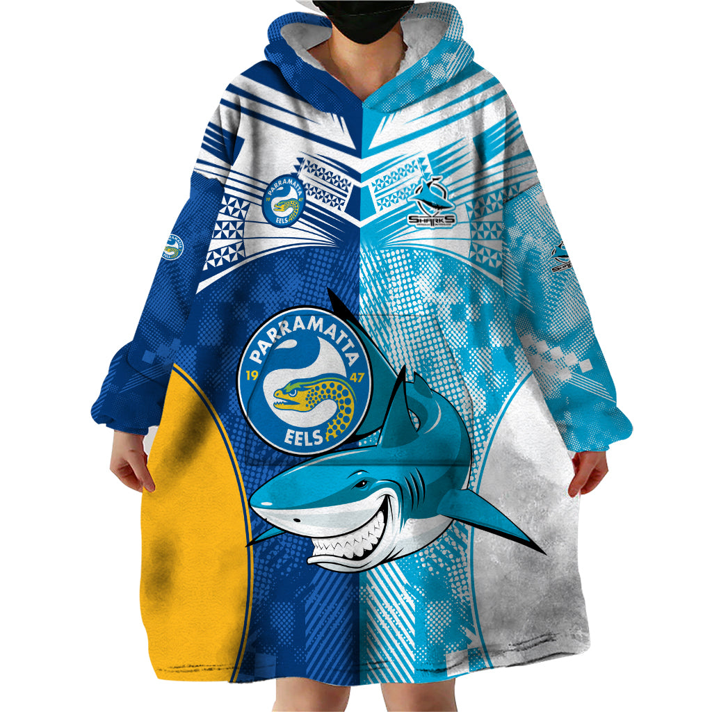 Custom NRL Shark Combine Eels Rugby Wearable Blanket Hoodie Sporty Style LT9