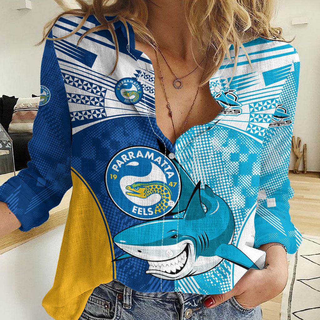 Custom NRL Shark Combine Eels Rugby Women Casual Shirt Sporty Style LT9