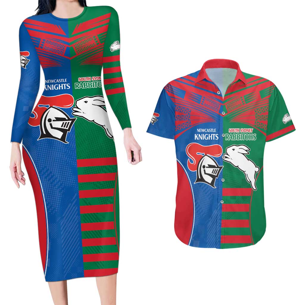 Custom Knights and Rabbitohs Rugby Couples Matching Long Sleeve Bodycon Dress and Hawaiian Shirt Sporty Style