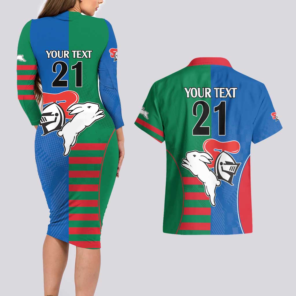 Custom Knights and Rabbitohs Rugby Couples Matching Long Sleeve Bodycon Dress and Hawaiian Shirt Sporty Style