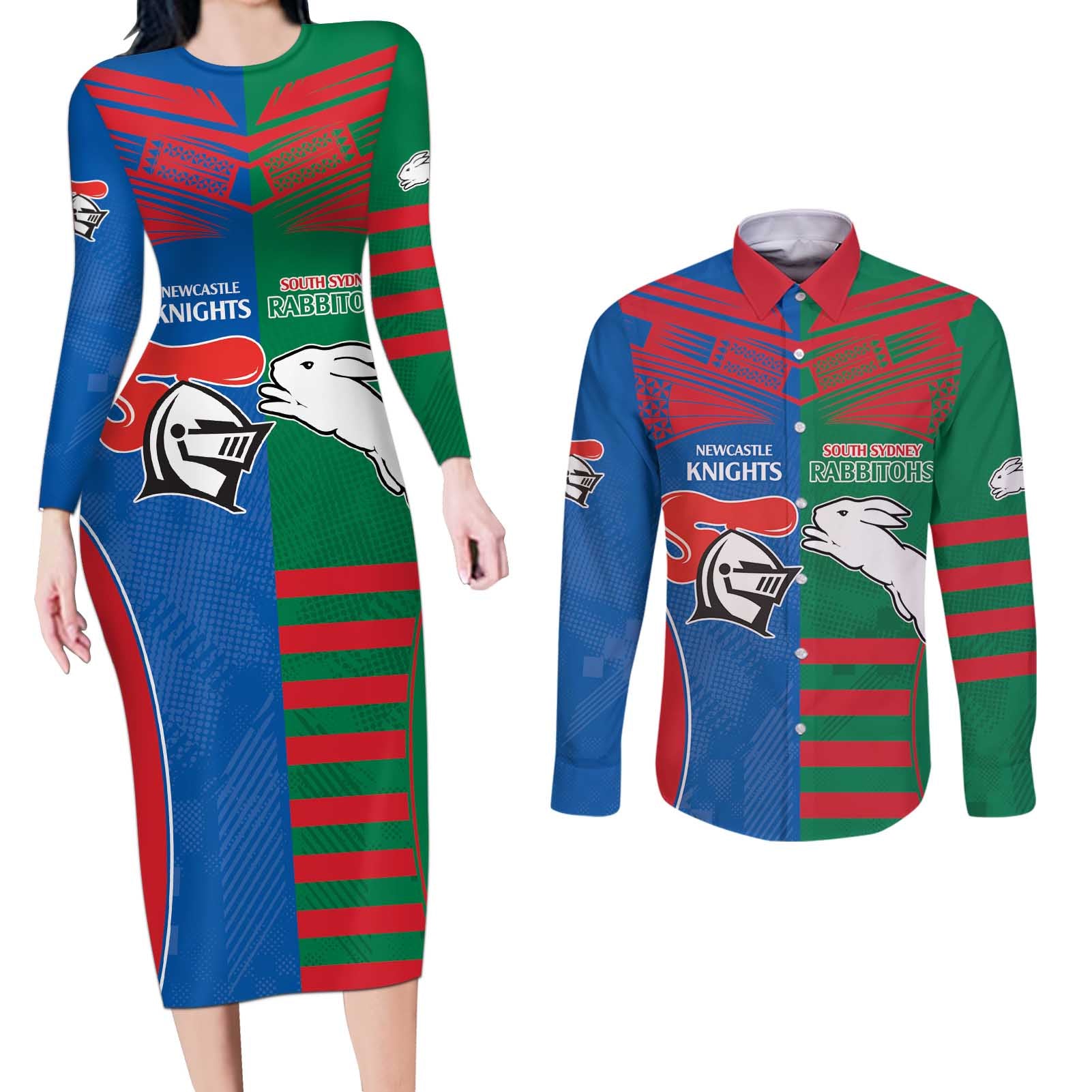 Custom Knights and Rabbitohs Rugby Couples Matching Long Sleeve Bodycon Dress and Long Sleeve Button Shirt Sporty Style