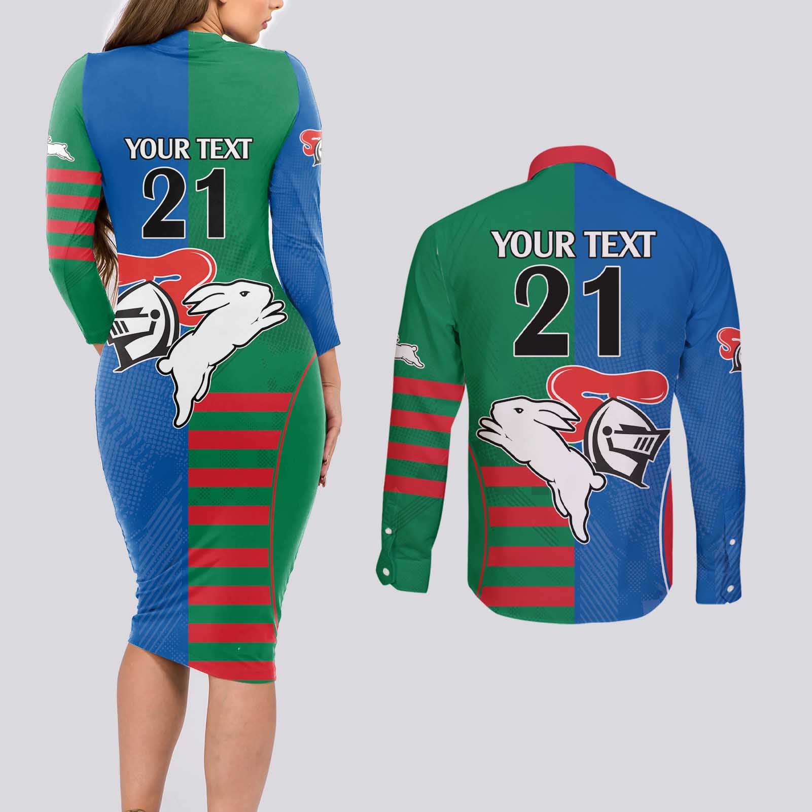 Custom Knights and Rabbitohs Rugby Couples Matching Long Sleeve Bodycon Dress and Long Sleeve Button Shirt Sporty Style