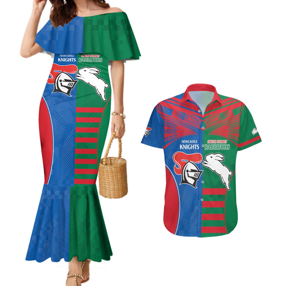 Custom Knights and Rabbitohs Rugby Couples Matching Mermaid Dress and Hawaiian Shirt Sporty Style