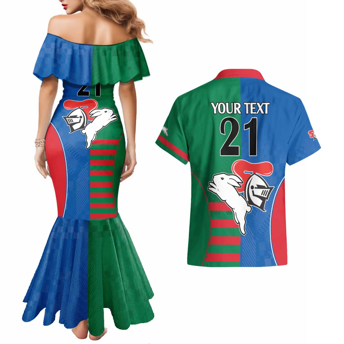 Custom Knights and Rabbitohs Rugby Couples Matching Mermaid Dress and Hawaiian Shirt Sporty Style