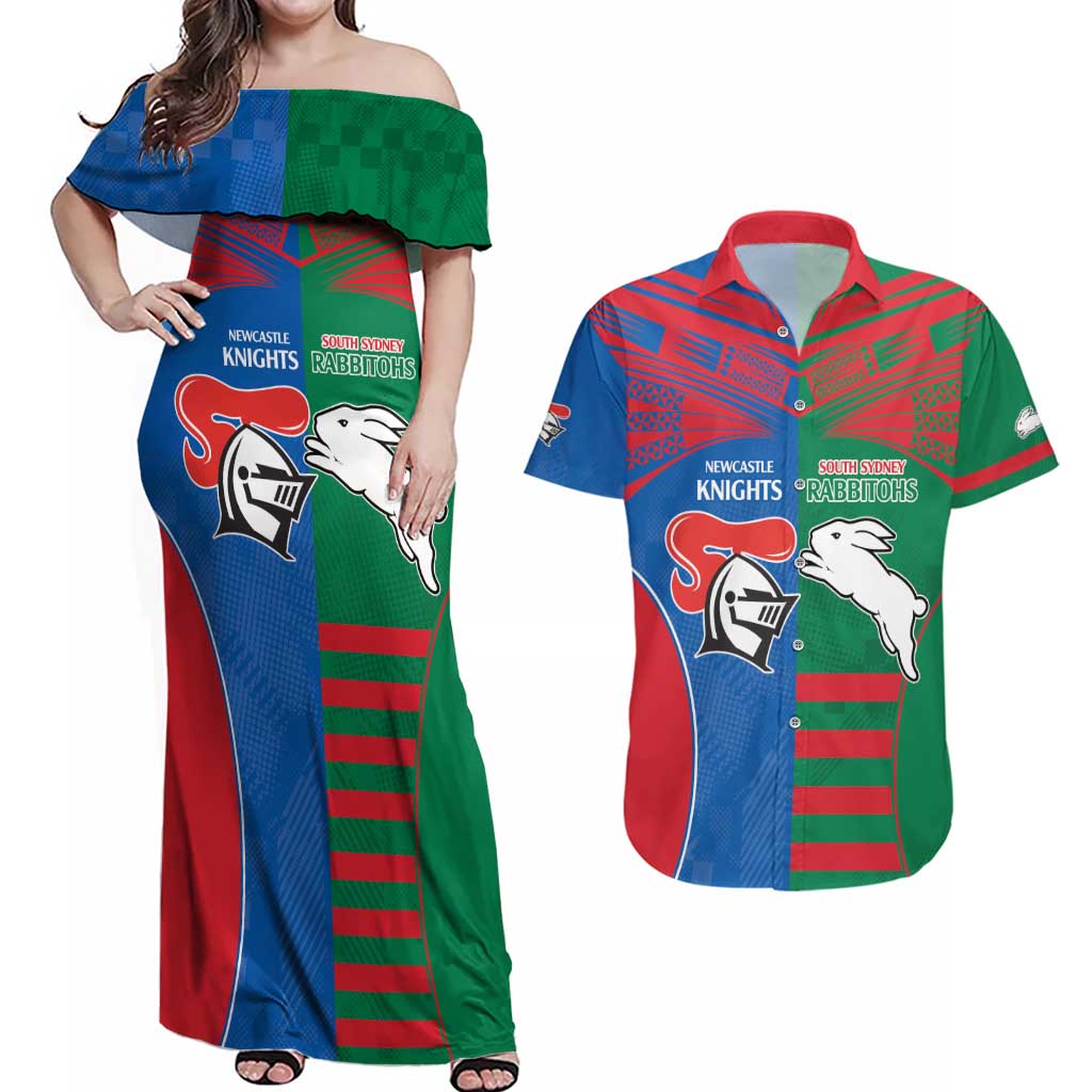 Custom Knights and Rabbitohs Rugby Couples Matching Off Shoulder Maxi Dress and Hawaiian Shirt Sporty Style