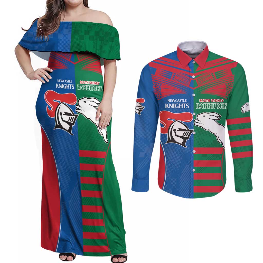 Custom Knights and Rabbitohs Rugby Couples Matching Off Shoulder Maxi Dress and Long Sleeve Button Shirt Sporty Style