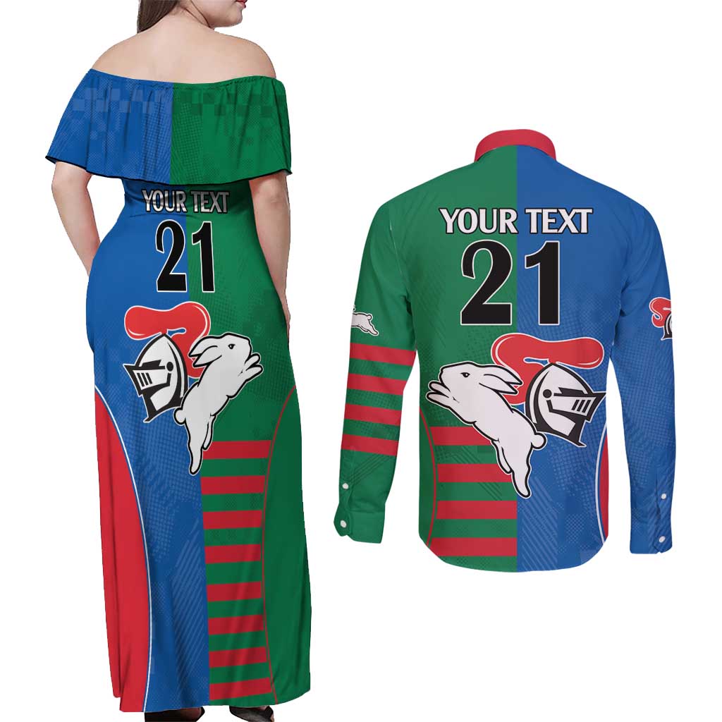 Custom Knights and Rabbitohs Rugby Couples Matching Off Shoulder Maxi Dress and Long Sleeve Button Shirt Sporty Style