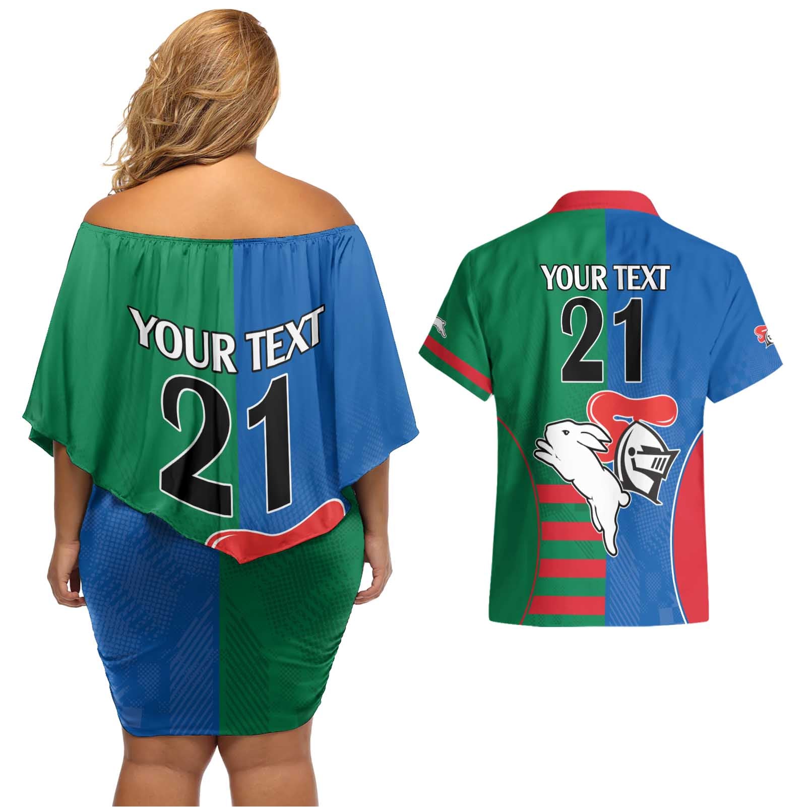 Custom Knights and Rabbitohs Rugby Couples Matching Off Shoulder Short Dress and Hawaiian Shirt Sporty Style