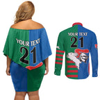 Custom Knights and Rabbitohs Rugby Couples Matching Off Shoulder Short Dress and Long Sleeve Button Shirt Sporty Style