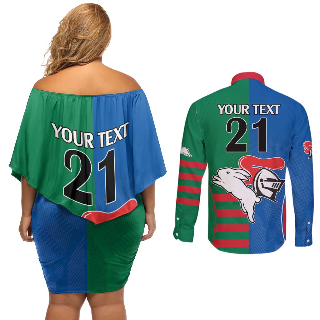 Custom Knights and Rabbitohs Rugby Couples Matching Off Shoulder Short Dress and Long Sleeve Button Shirt Sporty Style