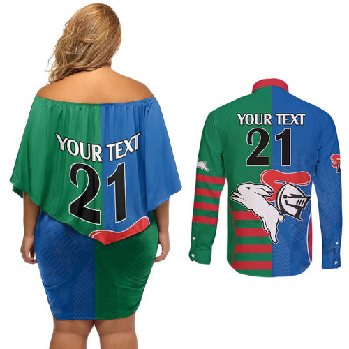 Custom Knights and Rabbitohs Rugby Couples Matching Off Shoulder Short Dress and Long Sleeve Button Shirt Sporty Style