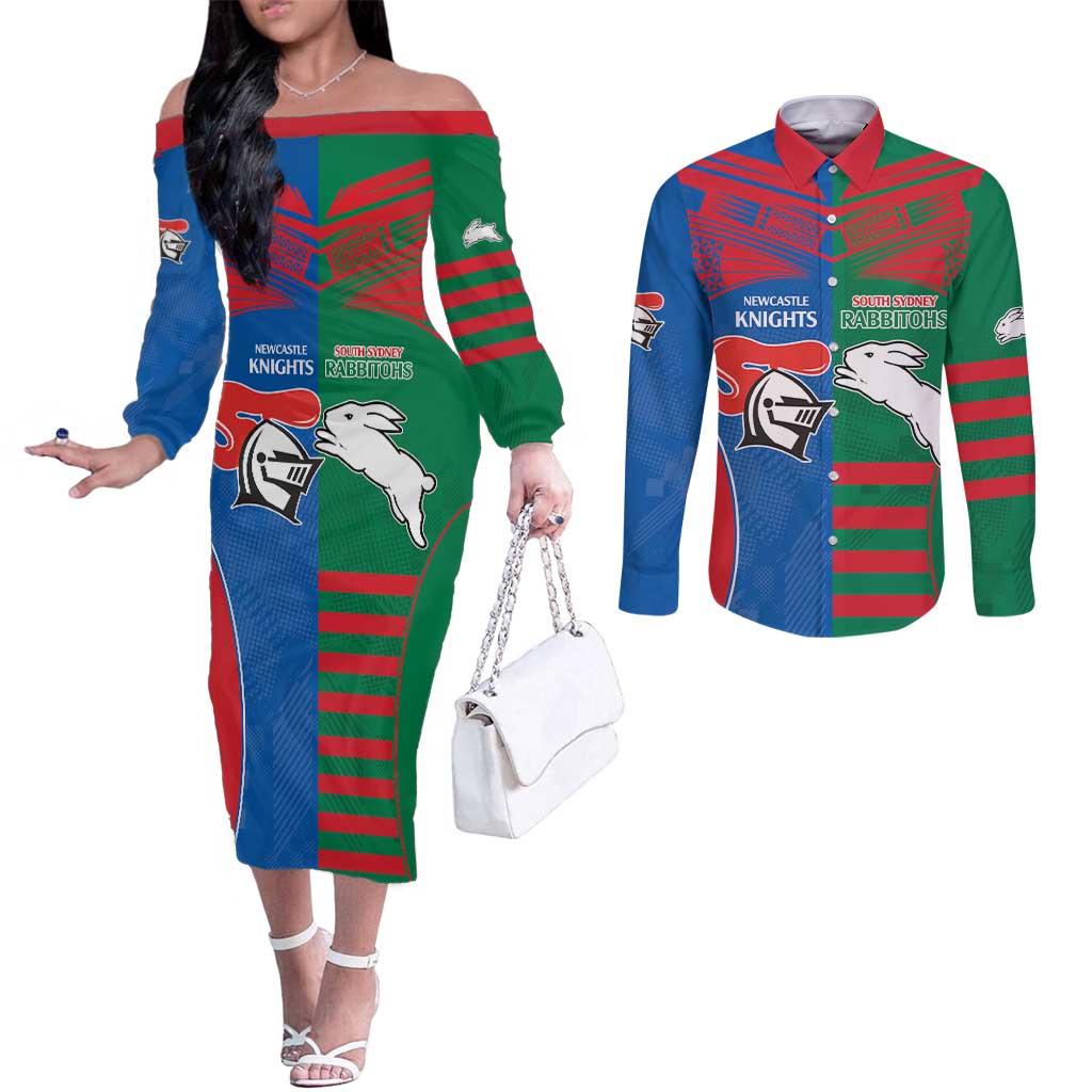 Custom Knights and Rabbitohs Rugby Couples Matching Off The Shoulder Long Sleeve Dress and Long Sleeve Button Shirt Sporty Style