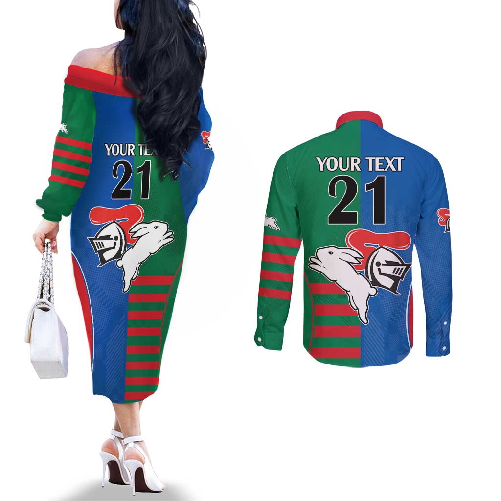 Custom Knights and Rabbitohs Rugby Couples Matching Off The Shoulder Long Sleeve Dress and Long Sleeve Button Shirt Sporty Style
