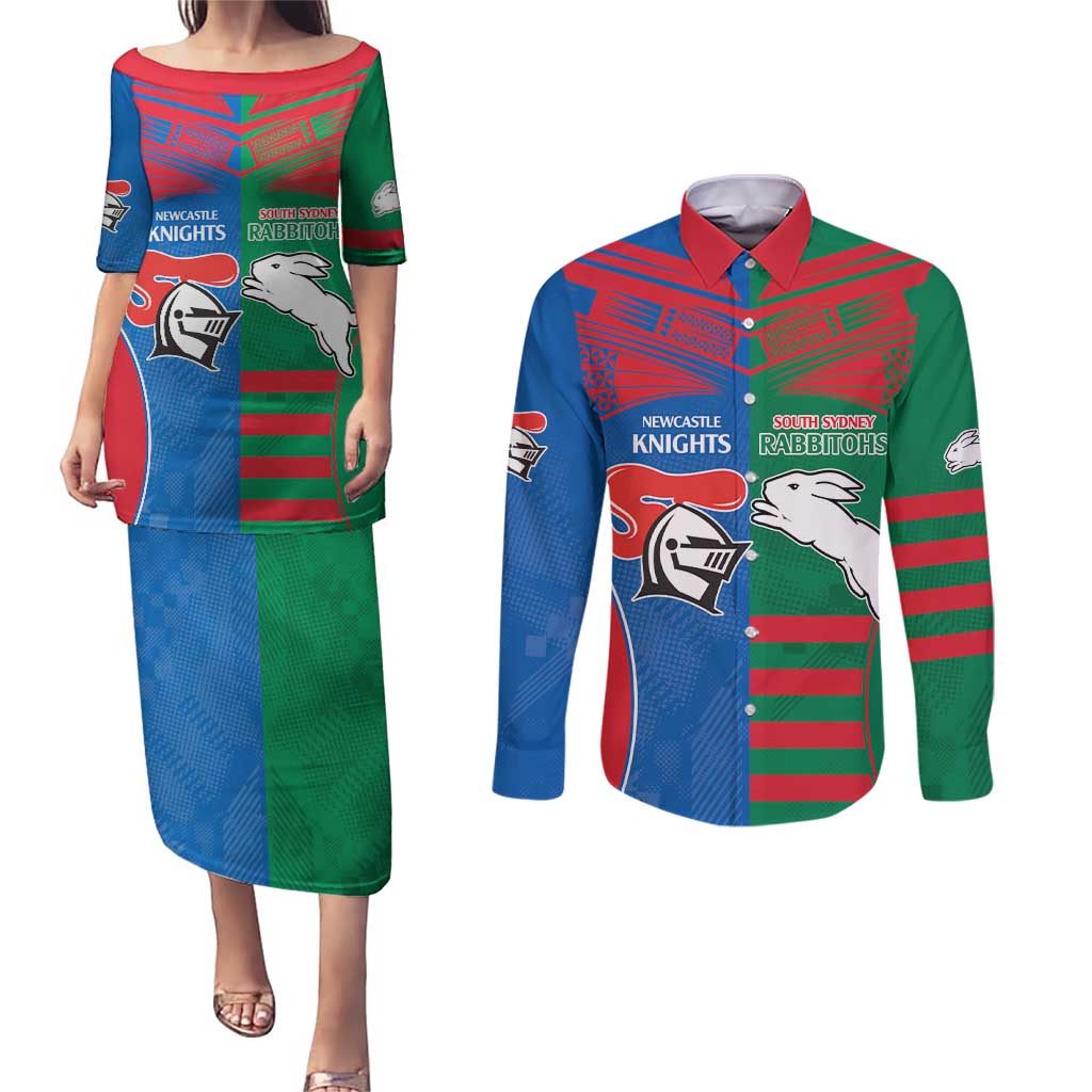 Custom Knights and Rabbitohs Rugby Couples Matching Puletasi and Long Sleeve Button Shirt Sporty Style