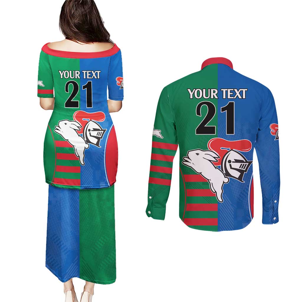 Custom Knights and Rabbitohs Rugby Couples Matching Puletasi and Long Sleeve Button Shirt Sporty Style