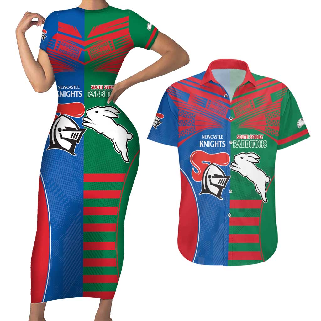 Custom Knights and Rabbitohs Rugby Couples Matching Short Sleeve Bodycon Dress and Hawaiian Shirt Sporty Style