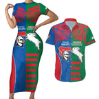 Custom Knights and Rabbitohs Rugby Couples Matching Short Sleeve Bodycon Dress and Hawaiian Shirt Sporty Style