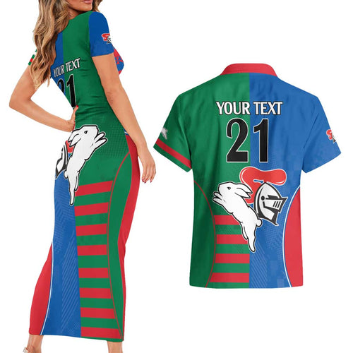 Custom Knights and Rabbitohs Rugby Couples Matching Short Sleeve Bodycon Dress and Hawaiian Shirt Sporty Style