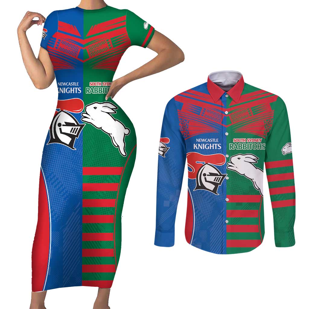 Custom Knights and Rabbitohs Rugby Couples Matching Short Sleeve Bodycon Dress and Long Sleeve Button Shirt Sporty Style