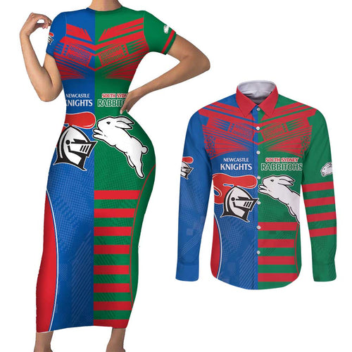Custom Knights and Rabbitohs Rugby Couples Matching Short Sleeve Bodycon Dress and Long Sleeve Button Shirt Sporty Style