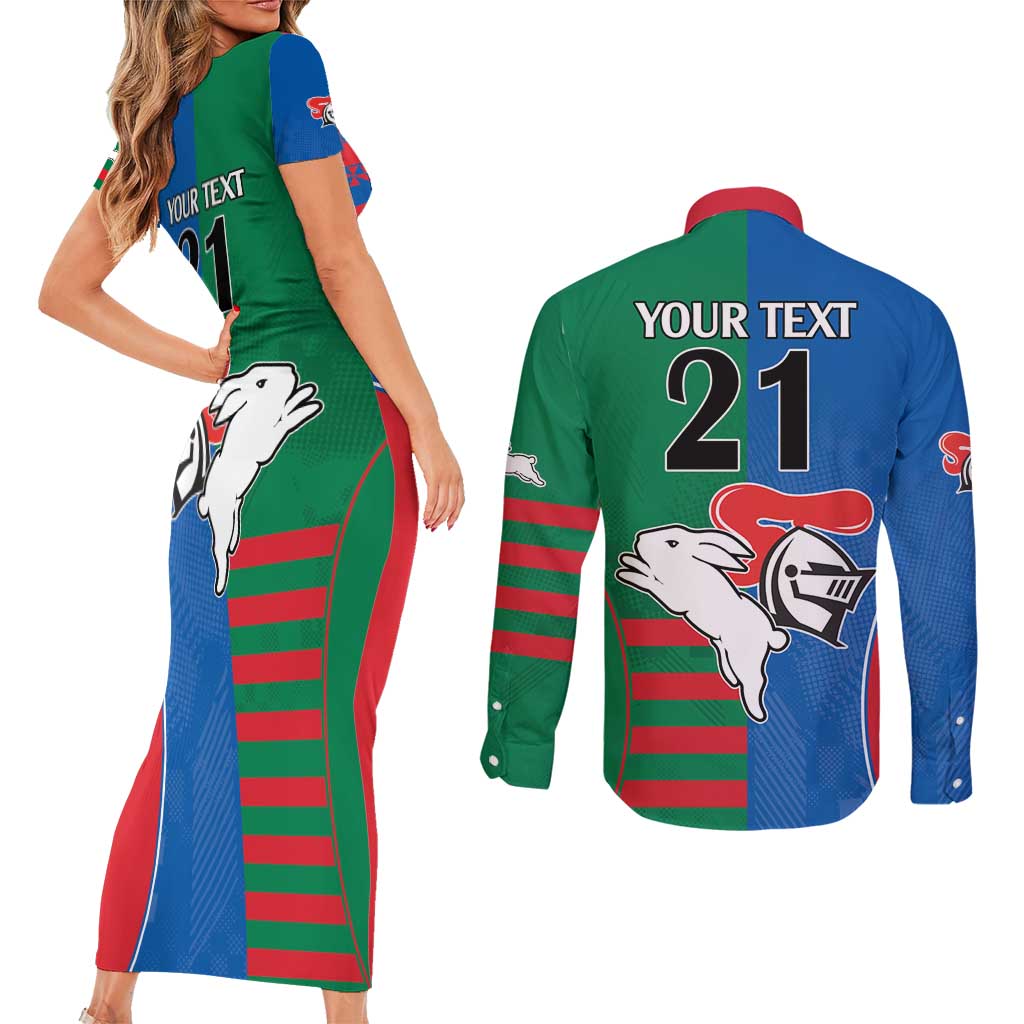 Custom Knights and Rabbitohs Rugby Couples Matching Short Sleeve Bodycon Dress and Long Sleeve Button Shirt Sporty Style