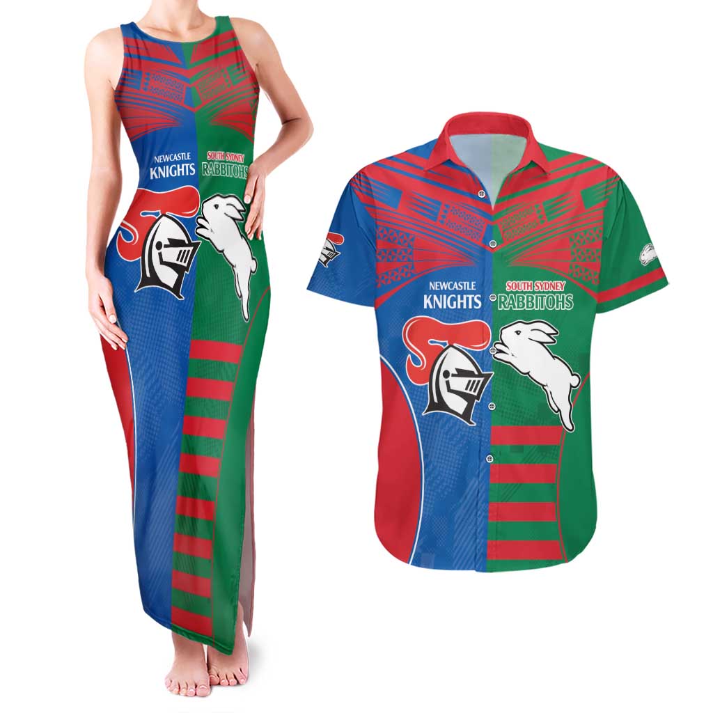 Custom Knights and Rabbitohs Rugby Couples Matching Tank Maxi Dress and Hawaiian Shirt Sporty Style