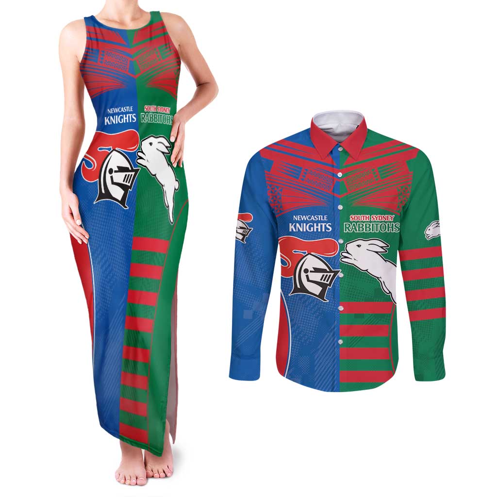 Custom Knights and Rabbitohs Rugby Couples Matching Tank Maxi Dress and Long Sleeve Button Shirt Sporty Style
