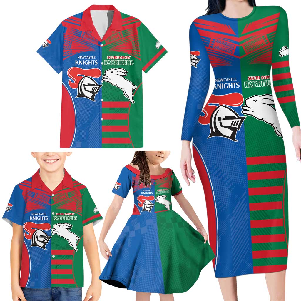 Custom Knights and Rabbitohs Rugby Family Matching Long Sleeve Bodycon Dress and Hawaiian Shirt Sporty Style
