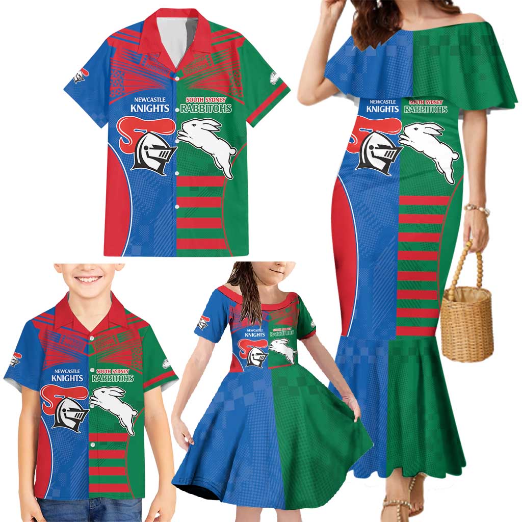 Custom Knights and Rabbitohs Rugby Family Matching Mermaid Dress and Hawaiian Shirt Sporty Style