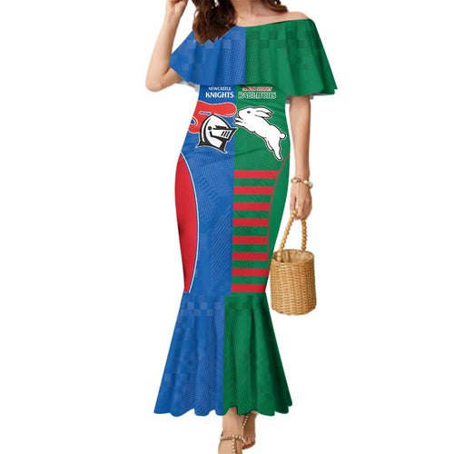 Custom Knights and Rabbitohs Rugby Family Matching Mermaid Dress and Hawaiian Shirt Sporty Style