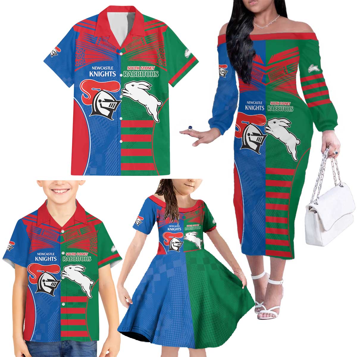 Custom Knights and Rabbitohs Rugby Family Matching Off The Shoulder Long Sleeve Dress and Hawaiian Shirt Sporty Style
