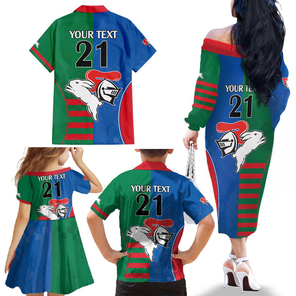 Custom Knights and Rabbitohs Rugby Family Matching Off The Shoulder Long Sleeve Dress and Hawaiian Shirt Sporty Style