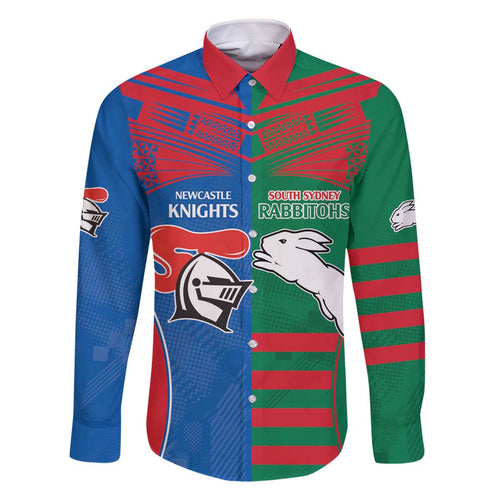 Custom Knights and Rabbitohs Rugby Family Matching Off The Shoulder Long Sleeve Dress and Hawaiian Shirt Sporty Style