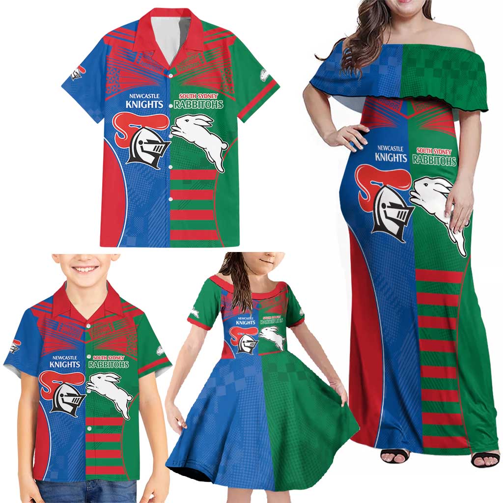 Custom Knights and Rabbitohs Rugby Family Matching Off Shoulder Maxi Dress and Hawaiian Shirt Sporty Style