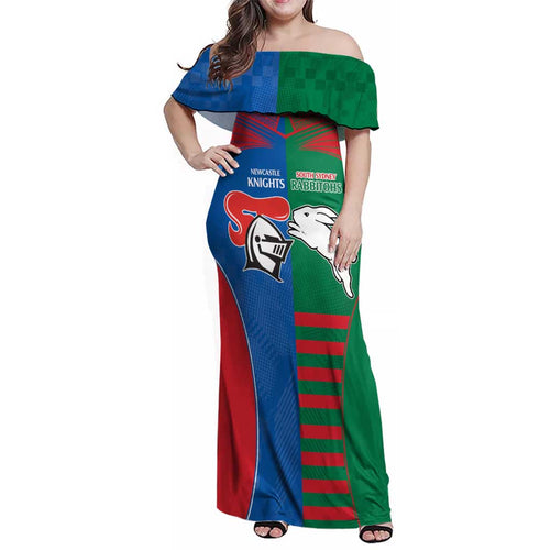 Custom Knights and Rabbitohs Rugby Family Matching Off Shoulder Maxi Dress and Hawaiian Shirt Sporty Style