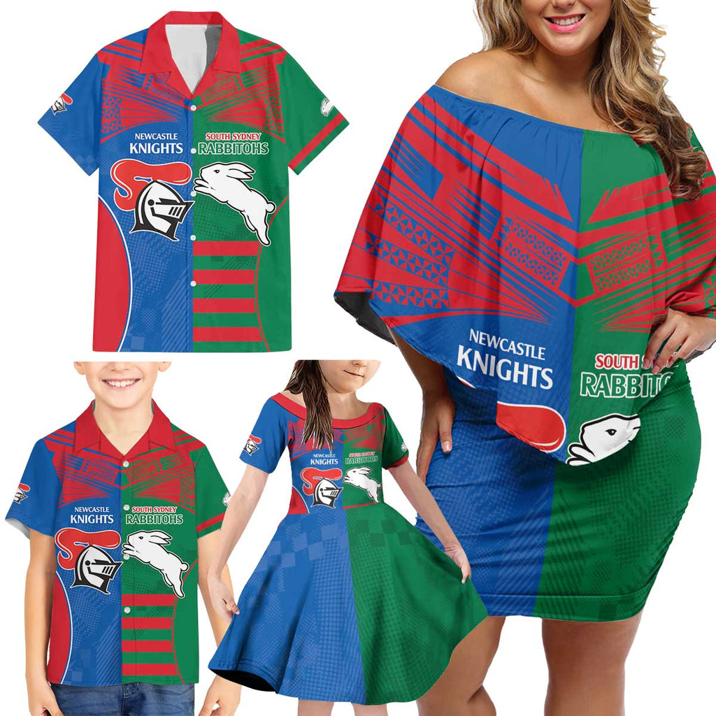 Custom Knights and Rabbitohs Rugby Family Matching Off Shoulder Short Dress and Hawaiian Shirt Sporty Style
