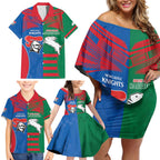Custom Knights and Rabbitohs Rugby Family Matching Off Shoulder Short Dress and Hawaiian Shirt Sporty Style