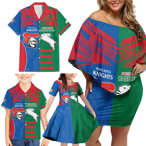 Custom Knights and Rabbitohs Rugby Family Matching Off Shoulder Short Dress and Hawaiian Shirt Sporty Style
