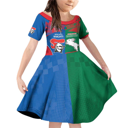 Custom Knights and Rabbitohs Rugby Family Matching Off Shoulder Short Dress and Hawaiian Shirt Sporty Style