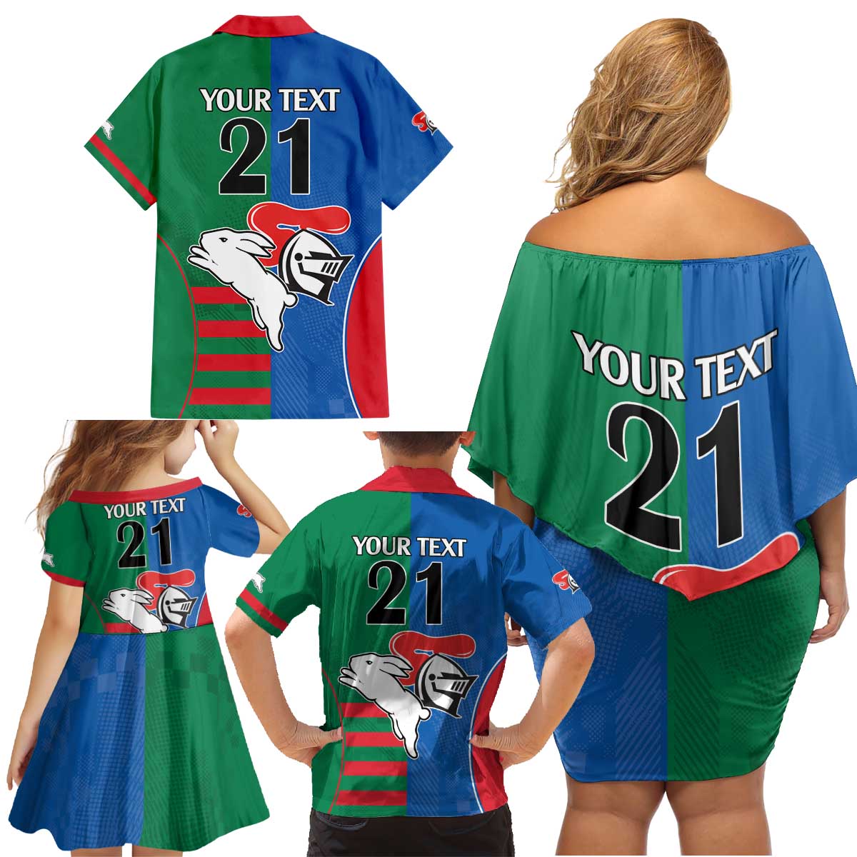 Custom Knights and Rabbitohs Rugby Family Matching Off Shoulder Short Dress and Hawaiian Shirt Sporty Style