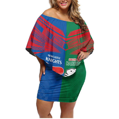 Custom Knights and Rabbitohs Rugby Family Matching Off Shoulder Short Dress and Hawaiian Shirt Sporty Style