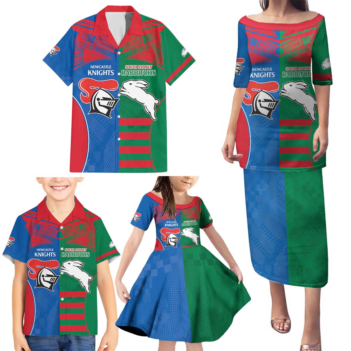 Custom Knights and Rabbitohs Rugby Family Matching Puletasi and Hawaiian Shirt Sporty Style