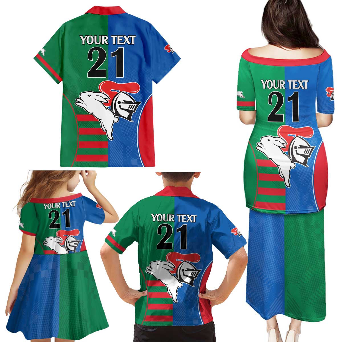 Custom Knights and Rabbitohs Rugby Family Matching Puletasi and Hawaiian Shirt Sporty Style