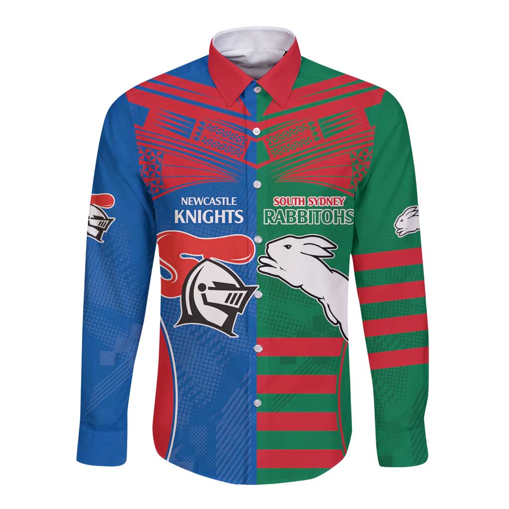 Custom Knights and Rabbitohs Rugby Long Sleeve Button Shirt Sporty Style