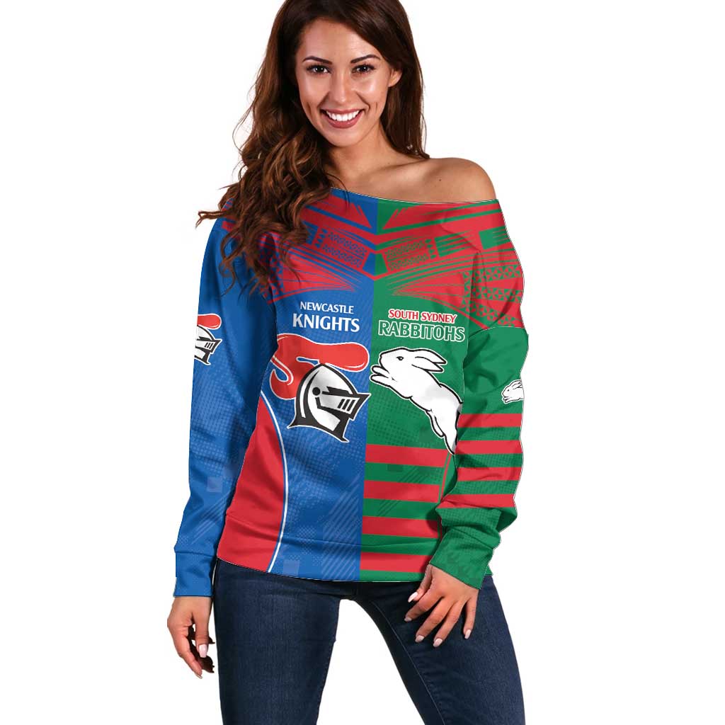 Custom Knights and Rabbitohs Rugby Off Shoulder Sweater Sporty Style
