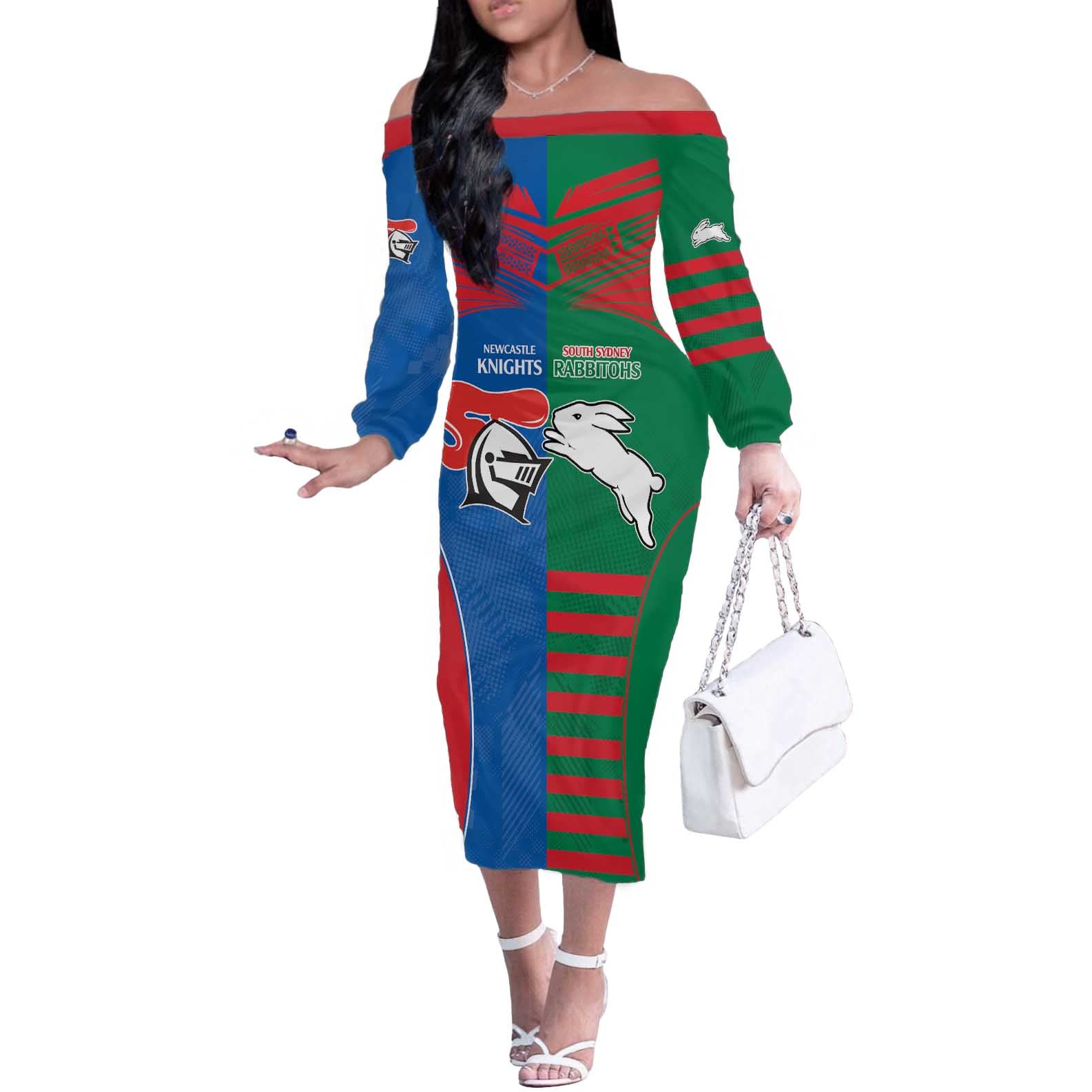 Custom Knights and Rabbitohs Rugby Off The Shoulder Long Sleeve Dress Sporty Style