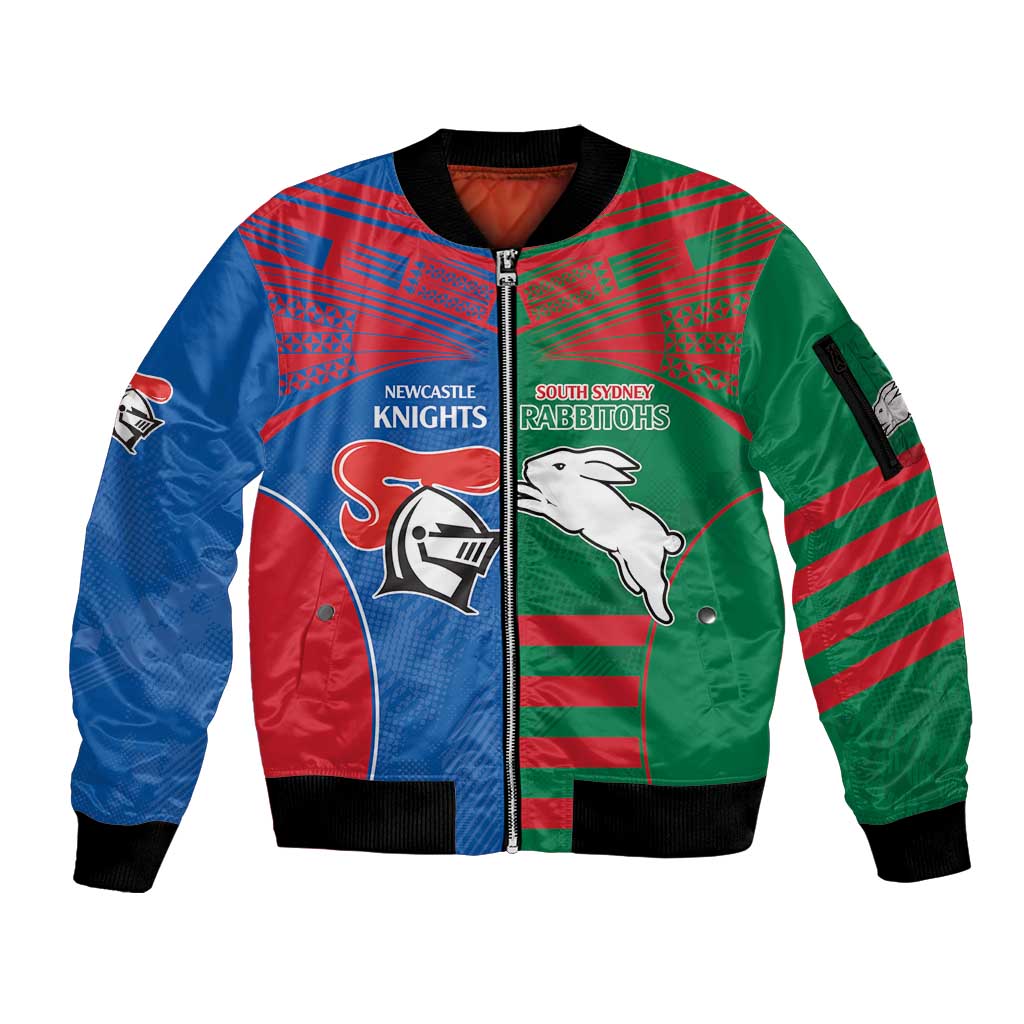 Custom Knights and Rabbitohs Rugby Sleeve Zip Bomber Jacket Sporty Style