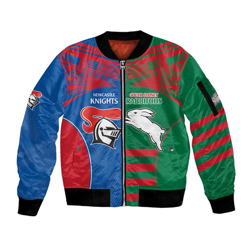 Custom Knights and Rabbitohs Rugby Sleeve Zip Bomber Jacket Sporty Style